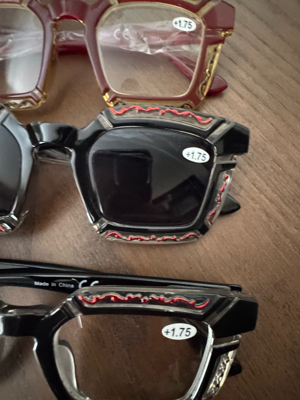 Chunky Black Reading Glasses with Red Trim (+1.75)